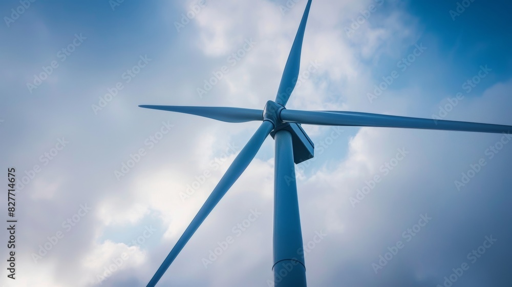A closeup of a single wind turbine its sleek design and movement evoking a sense of modern technology. A closeup of a single wind turbine its sleek design and movement evoking a sense of modern technology.