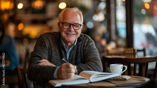 Joyful senior man reading a book and smiling in a cozy coffee shop setting