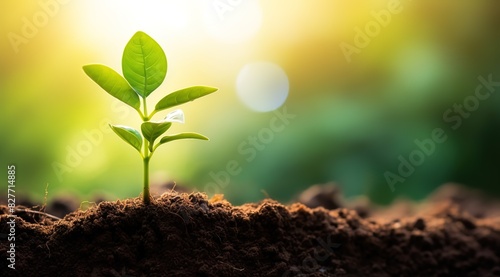 Wallpaper Mural The sprout of the young tree grows on rich soil, with a green background and sunlight shining in spring. 
 Torontodigital.ca