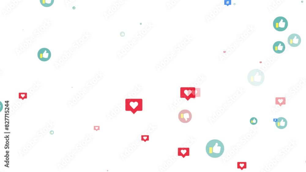 Thumbs up, thumbs down, hashtag, and heart icons floating on white background. SNS, reflecting influencer popularity, likes, dislikes, trends, and social interaction concept. 4K motion graphics