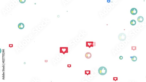 Thumbs up, thumbs down, hashtag, and heart icons floating on white background. SNS, reflecting influencer popularity, likes, dislikes, trends, and social interaction concept. 4K motion graphics