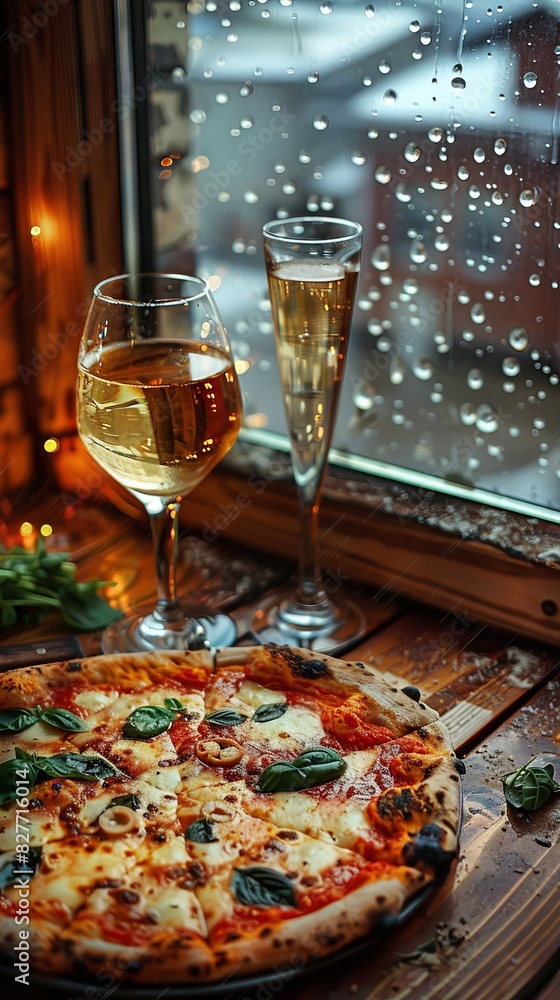 Naklejka premium Margherita Pizza and Glass of Wine on Table