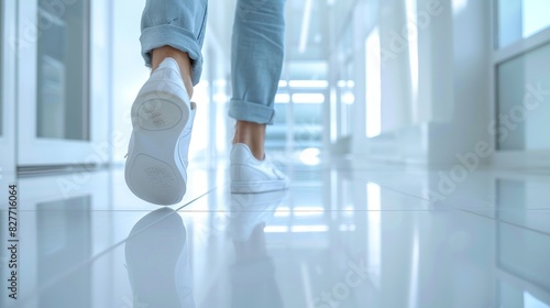 A man's bare feet are walking across a white floor