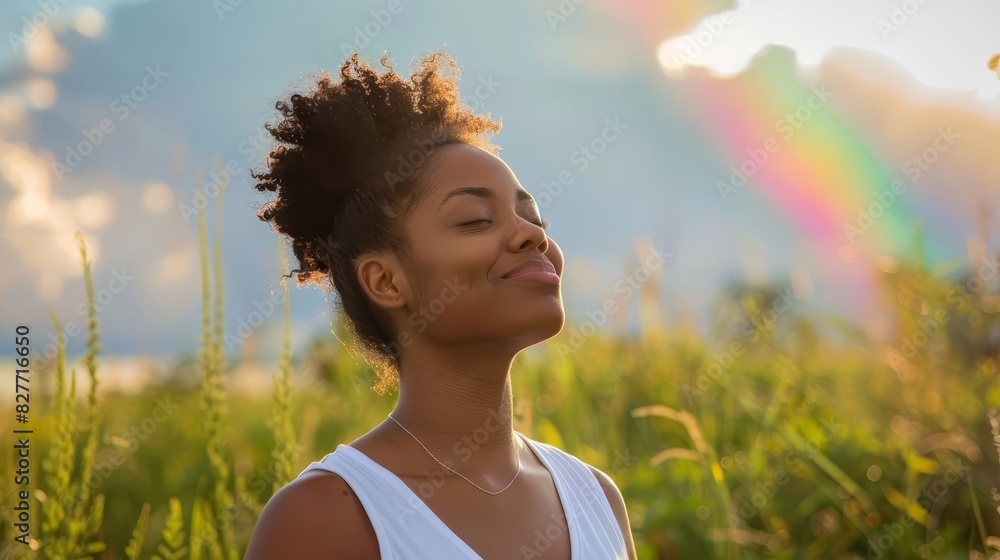 happy young black woman breathing fresh air in nature rainbow sky ...