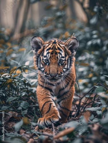 Young Tiger Cub Walking Through the Woods