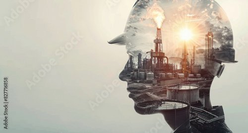 double exposure of the oil and gas industry with an engineer wearing a helmet.