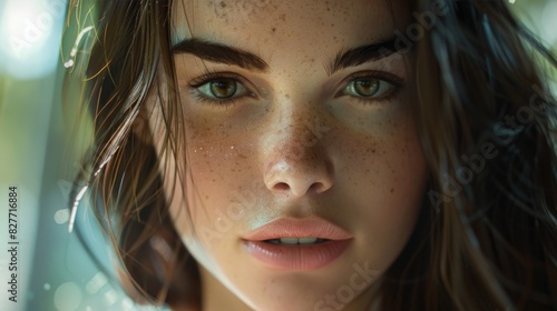 Close-Up Portrait of a Young Woman with Freckles and Intense Gaze © Viktorikus