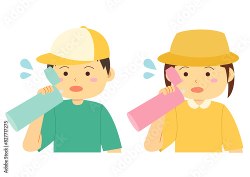 水分補給をする子どものイラストのセット
