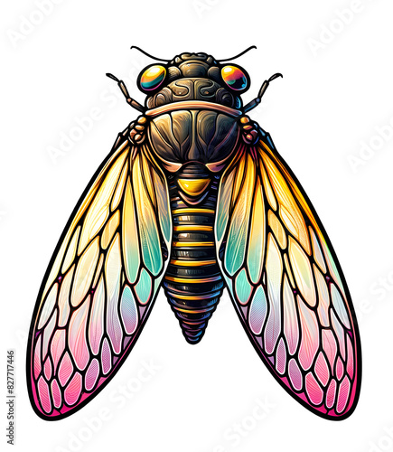 Colorful Artistic Sticker of a Cicada with Iridescent Wings photo