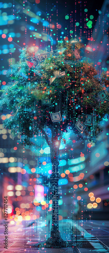 A vibrant cityscape featuring a lush tree illuminated by colorful lights, blending nature and urban elements in a dynamic and artistic manner.
