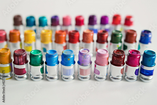 A set of mini watercolor tubes, each with a unique cap color representing the paint inside, arranged in rows on a white canvas.