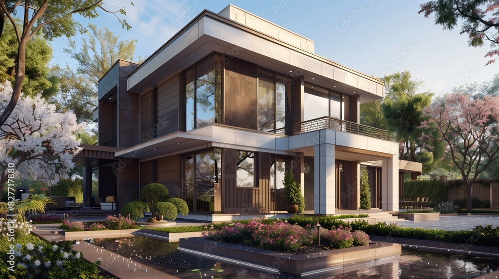 A spring morning view of a square suburban house with a striking fa? section ade of cocoa and white materials, large windows gleaming with dew, A spring morning view of a square suburban house with a striking fa? section ade of cocoa and white materials, large windows gleaming with dew,