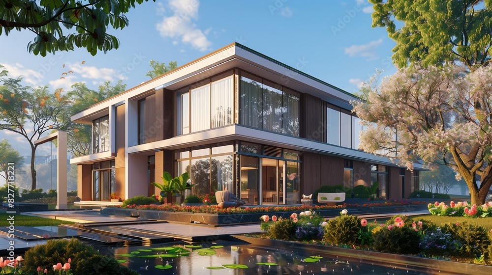 A spring morning view of a square suburban house with a striking fa? section ade of cocoa and white materials, large windows gleaming with dew, A spring morning view of a square suburban house with a striking fa? section ade of cocoa and white materials, large windows gleaming with dew,