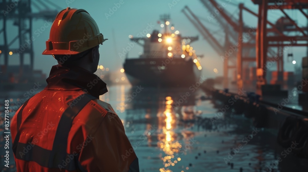 Industrial Harbor Worker Overlooking Cargo Ship at Dusk Industrial Harbor Worker Overlooking Cargo Ship at Dusk