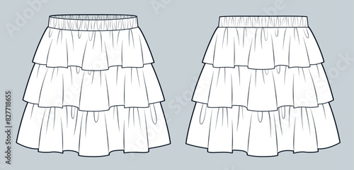 Layered Skirt technical fashion illustration. Tiered Skirt fashion flat technical drawing template, mini length, elastic waistband, front and back view, white, women CAD mockup.