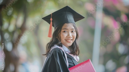 Young woman in graduation attire proudly holding diploma, symbolizing academic achievement and joyful celebration.