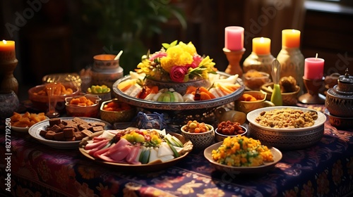 A traditional Eid ul Adha feast being served on a table adorned with colorful tableware and decorations  ready to be enjoyed by family and friends.