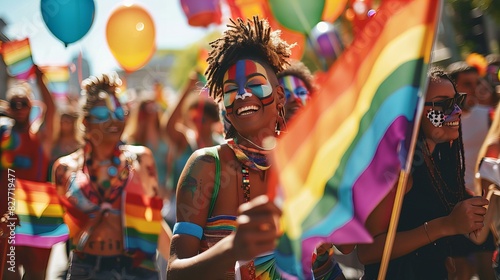 A vibrant and joyous scene of a Pride parade with a smiling participant holding a rainbow flag, adorned with colorful face paint and accessories, celebrating diversity and inclusion © Baramee