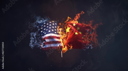 Fiery Confrontation: USA and China Flags Engulfed in Flames © Viktorikus