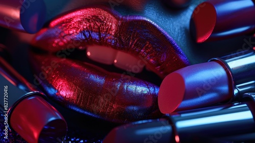Close-up of glossy lips with vibrant lipstick. Luxurious and seductive beauty shot with colorful makeup and red lipstick. Beauty and fashion concept. photo