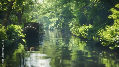 A picturesque view of a narrowboat navigating through a serene canal surrounded by greenery. 8k, realistic, full ultra HD, high resolution and cinematic photography photo