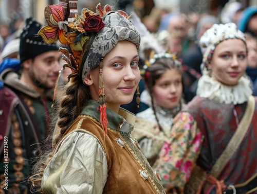 Renaissance Fair Enthusiasts in Period Costume Gather Outdoors © Viktorikus