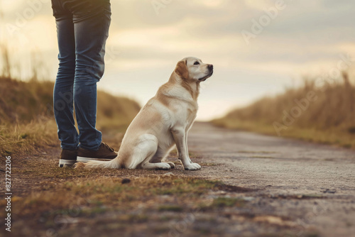 A person and a golden retriever stand by the road under a cloudy sky, capturing a moment of quiet companionship and natural beauty. Generative AI. photo