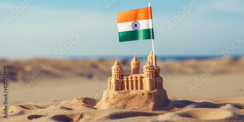 Sand castle on the coast with the flag of India. Generative AI.