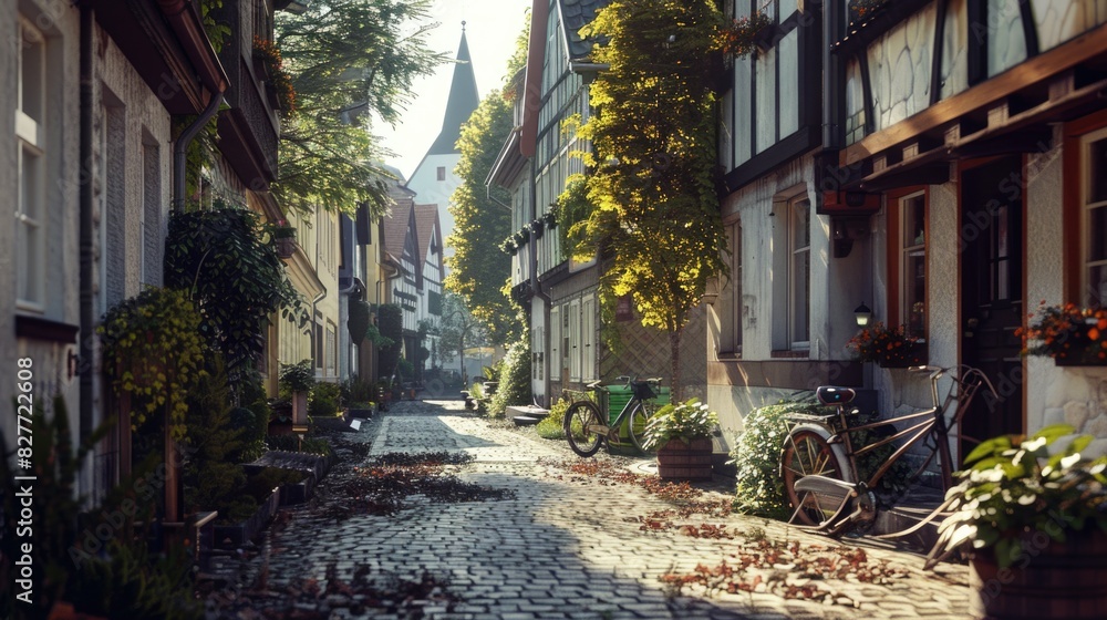 Quaint European Cobblestone Street with Bicycles and Flower Pots