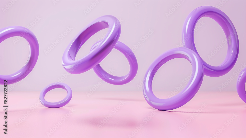 Three dimensional render of purple rings floating against pink background Three dimensional render of purple rings floating against pink background