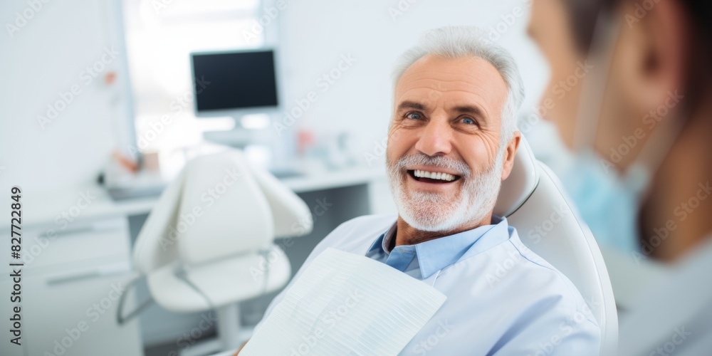 Fototapeta premium The snow-white smile of a middle-aged man in the dentist’s office. Generative AI.
