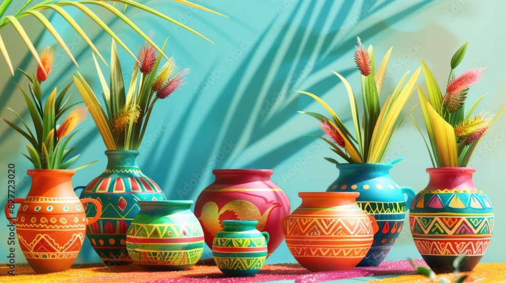 Vibrant Ethnic Vases with Tropical Plants on Colorful Background Vibrant Ethnic Vases with Tropical Plants on Colorful Background