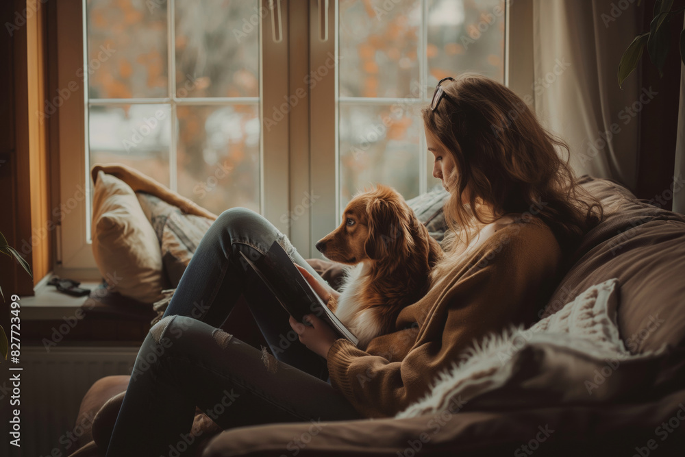 A woman reads to her dog on a couch by the window, capturing a heartwarming moment of companionship. Womens Equality Day A woman reads to her dog on a couch by the window, capturing a heartwarming moment of companionship. Womens Equality Day