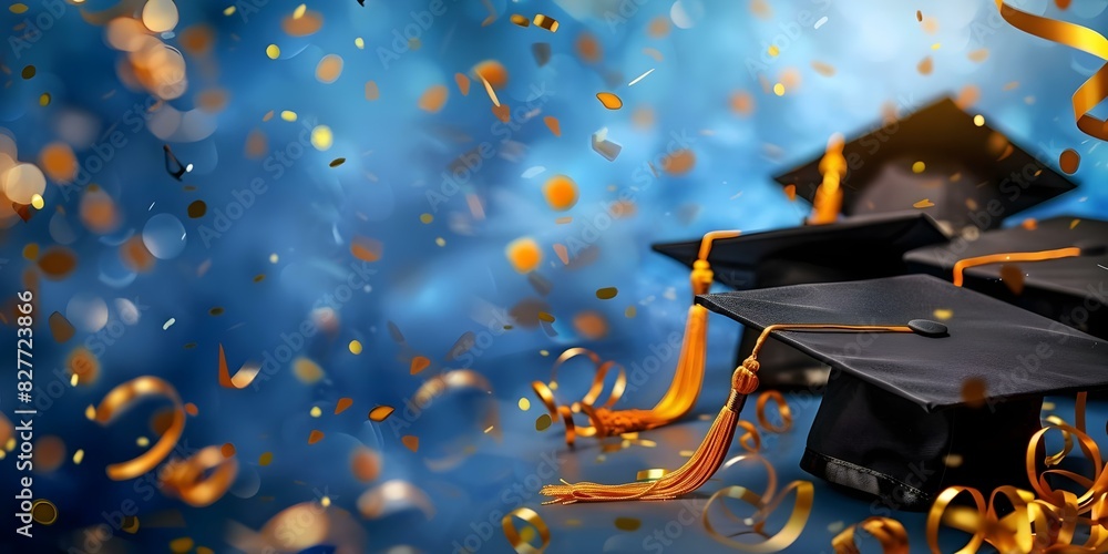 Graduation caps and confetti against a blue digital background. Concept ...
