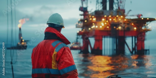 Workers in safety gear, against the backdrop of a massive offshore oil rig in the sea. Generative AI. © Budjak Studio