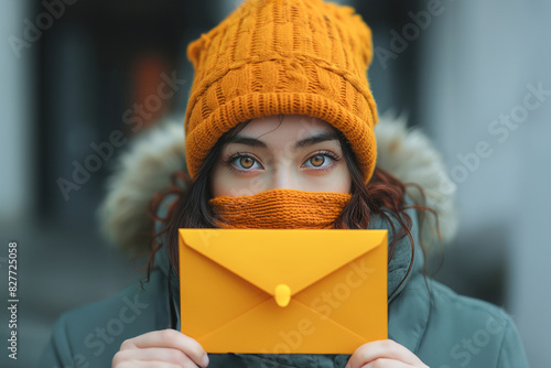 Woman Holding Envelope in Knitted Hat © TENphoto