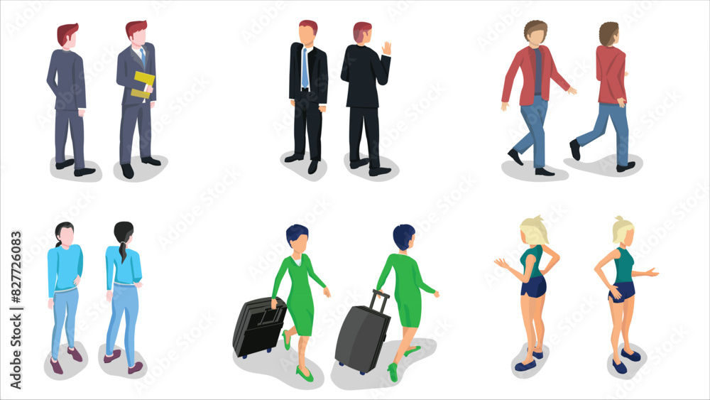 isometric set of woman and man people