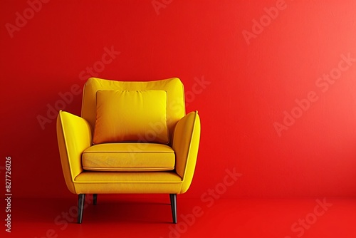 a yellow chair against a red wall