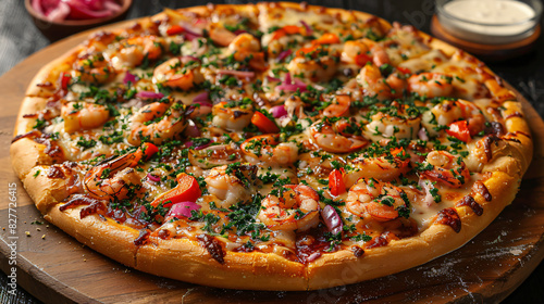 Hot pizza cheese crust seafood topping sauce veg