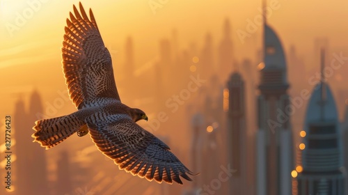 Majestic Glass Falcon Soaring Over Dubai Skyline with Glowing Patterns in Soft Afternoon Light - Realistic 3D Render photo