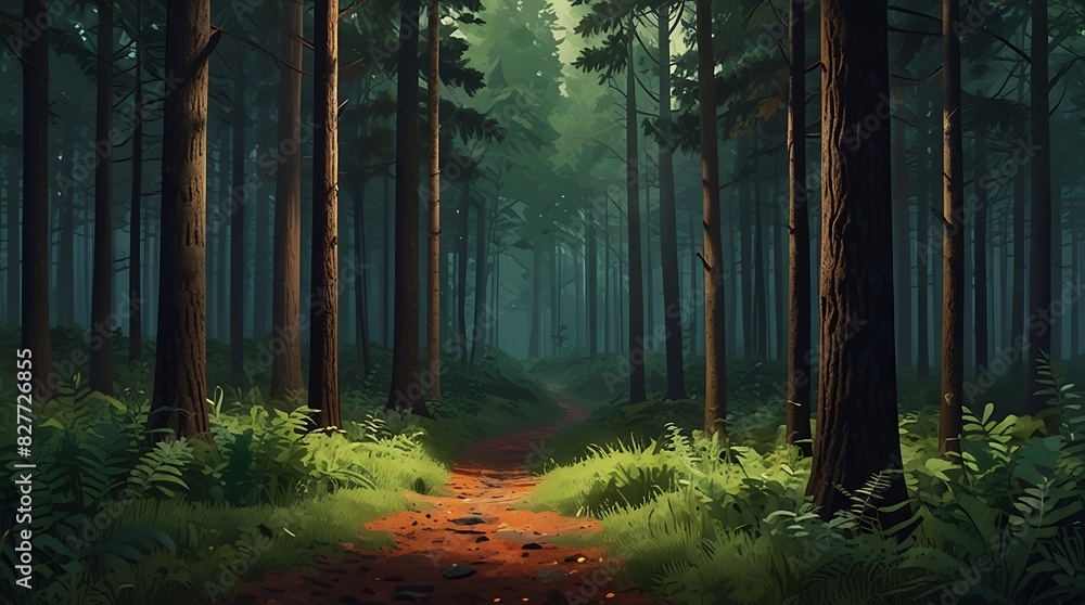 Naklejka premium forest with tall tress and a path leading through the middle