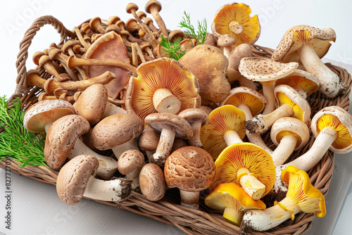 An assortment of fresh, organic mushrooms, displayed in a rustic wicker basket, isolated on a white canvas.
