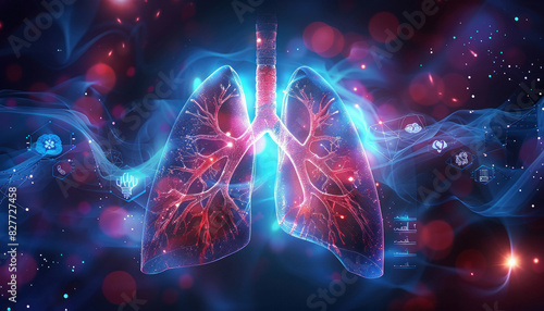 glowing human body with the lungs highlighted in orange on a black background. #827727458