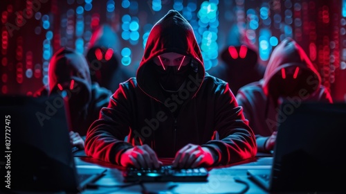 A group of hackers in dark hoodies are sitting in a dark room filled with red and blue lights. They are all looking at a laptop screen. photo