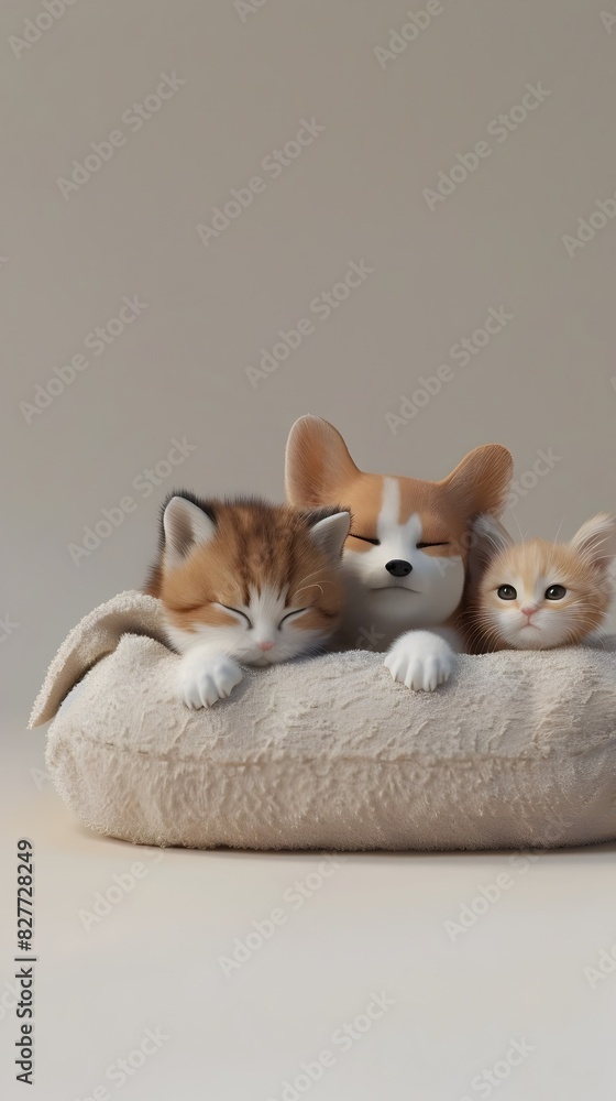 Fototapeta premium Adorable Kittens Snuggling Cozily in Soft Bedding