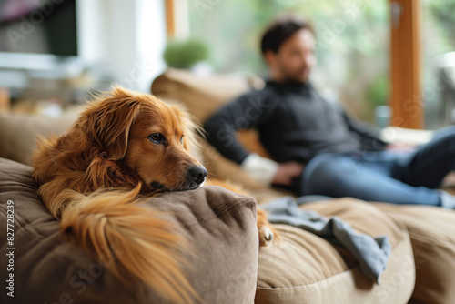  A dog lies comfortably on the couch next to a man. A peaceful and heartwarming moment captured. Generative AI.