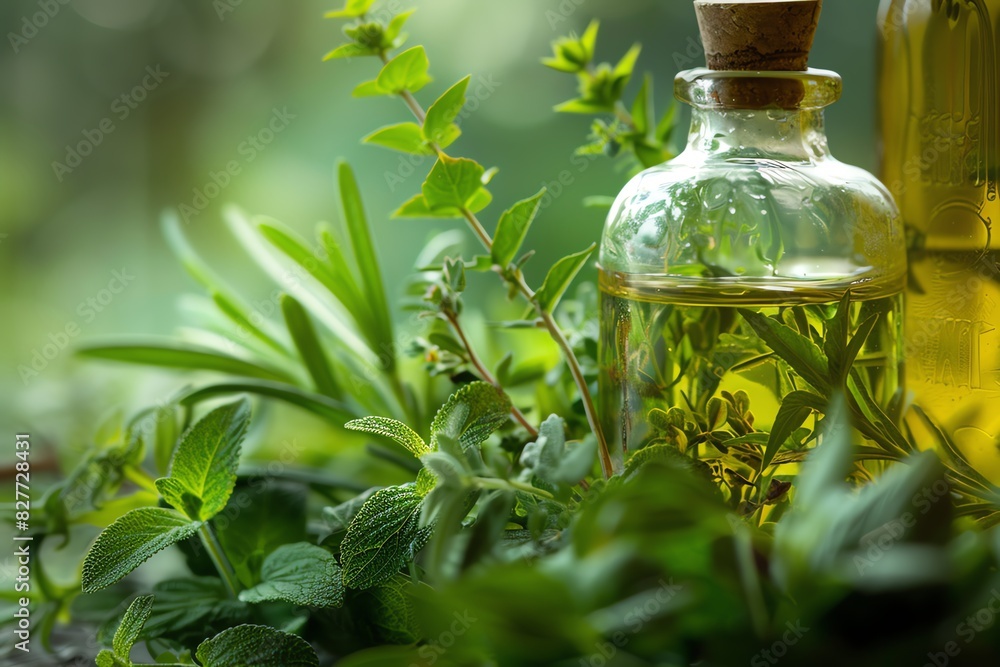 Glass bottle with aromatic herbs and essential oil surrounded by fresh green leaves. Natural remedy and herbal medicine concept. Glass bottle with aromatic herbs and essential oil surrounded by fresh green leaves. Natural remedy and herbal medicine concept.
