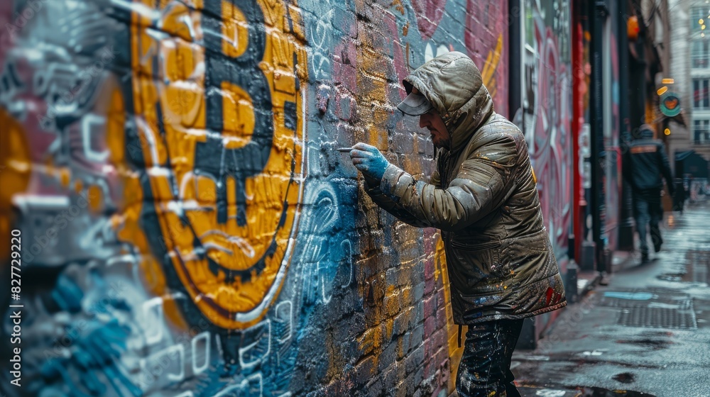 Fototapeta premium A man in a black jacket is spray painting a yellow smiley face with a Bitcoin symbol on a brick wall.