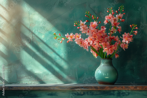 stilllife in front of a mint green wall a bit sunlight from the rigth side a few spring flowers in a vase on a table very realistic style --ar 3:2 --style raw --stylize 750
 photo