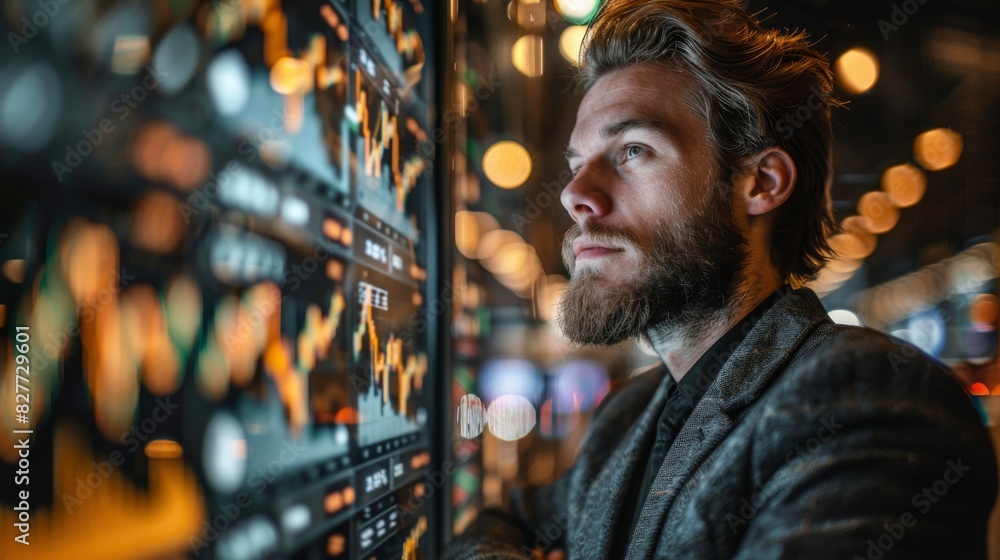 A man staring at the stock market display, looking very focused and determined. A man staring at the stock market display, looking very focused and determined.